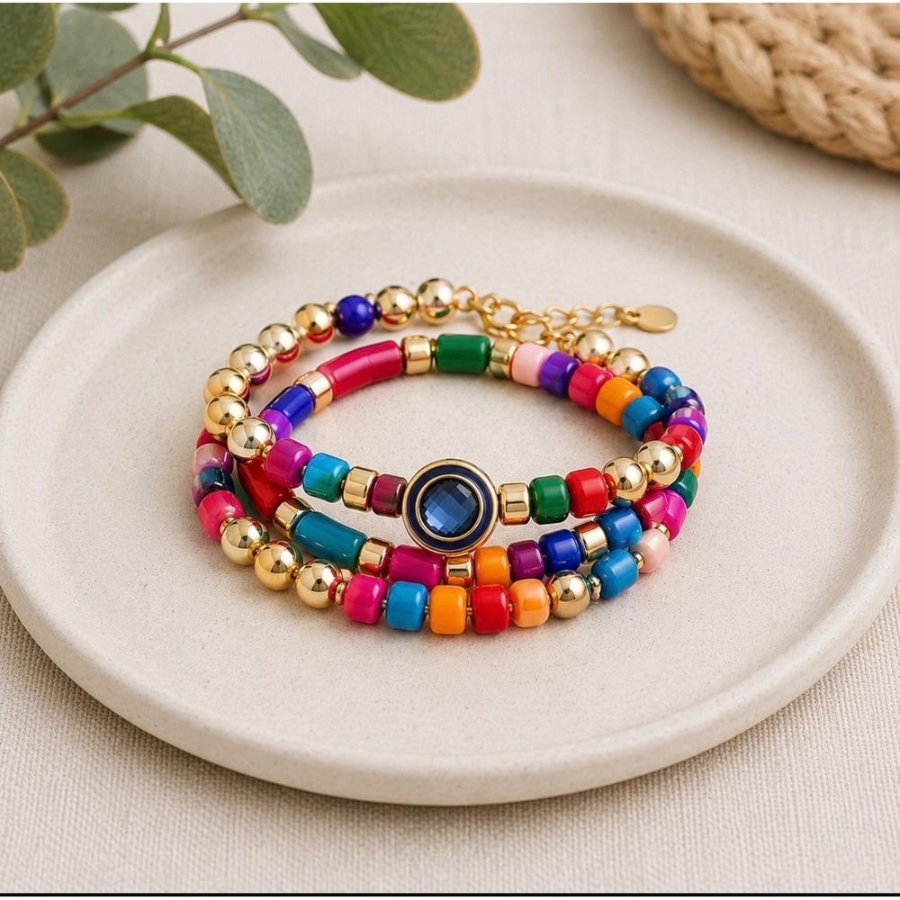 Multicolor Beaded Stackable Bracelet Set Gold Tone Blue Crystal Charm Boho